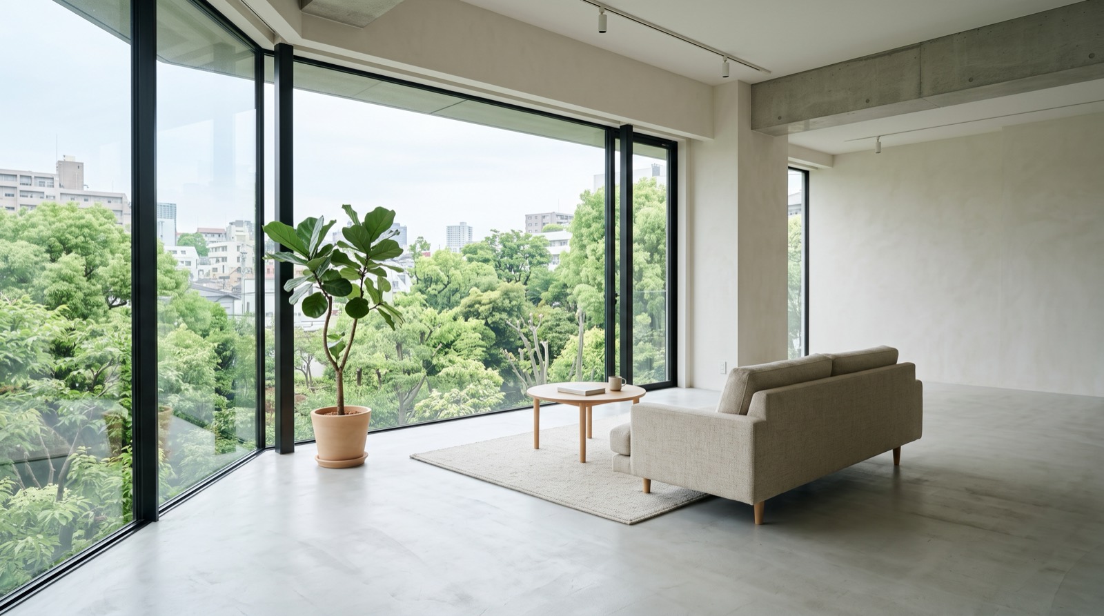 Living room with large glass windows and natural light